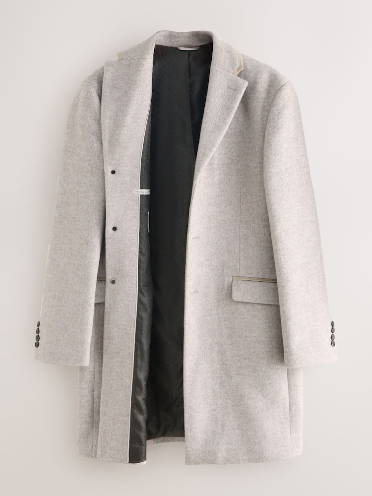Neutral Wool Blend Herringbone Epsom With Velvet Trim Coat - Image 2 of 6