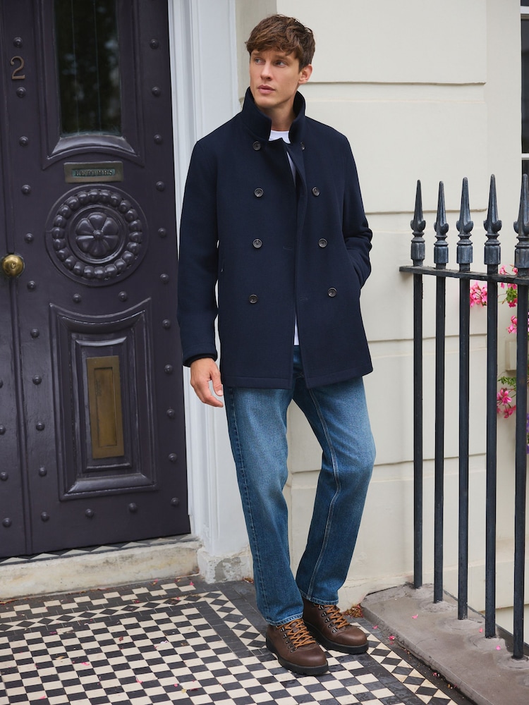 Navy Wool Rich Double Breasted Funnel Coat - Image 1 of 3