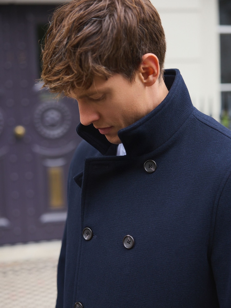 Navy Wool Rich Double Breasted Funnel Coat - Image 2 of 3