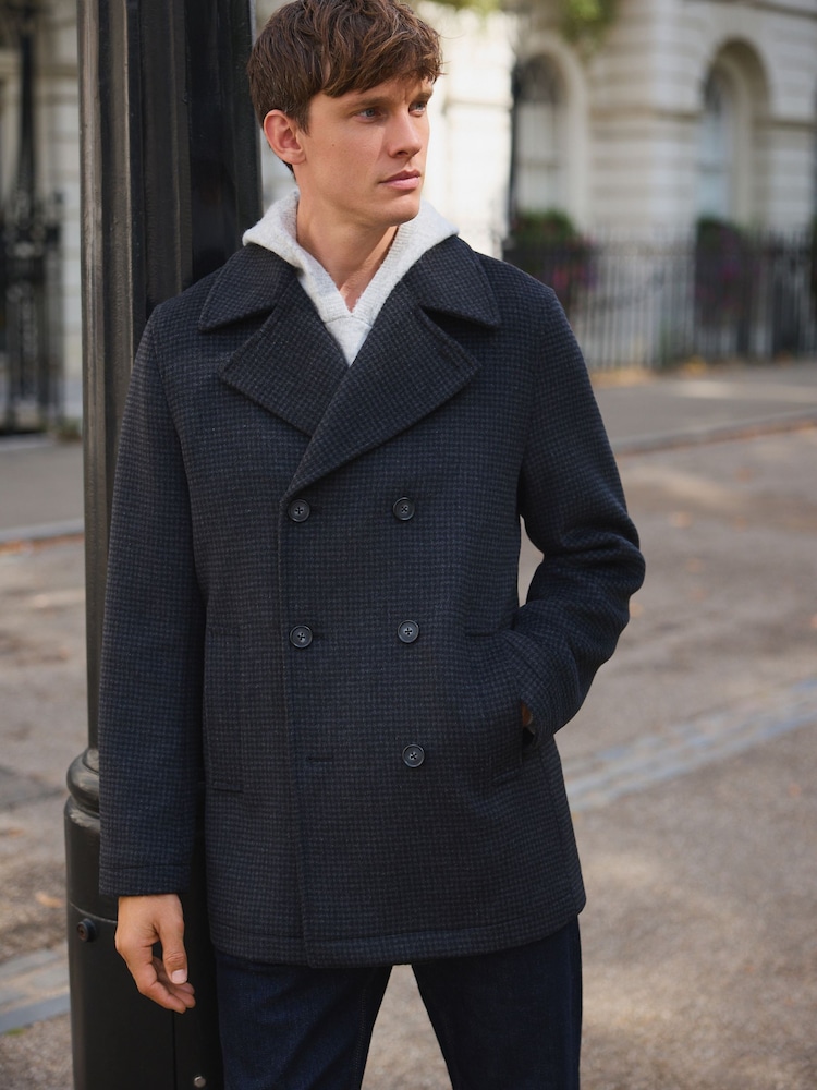 Marinha/Carvão - Wool Rich Soft Touch Dogtooth Pea Coat - Imagem 1 de 9 Marinha/Carvão - Wool Rich Soft Touch Dogtooth Pea Coat - Imagem 1 de 9