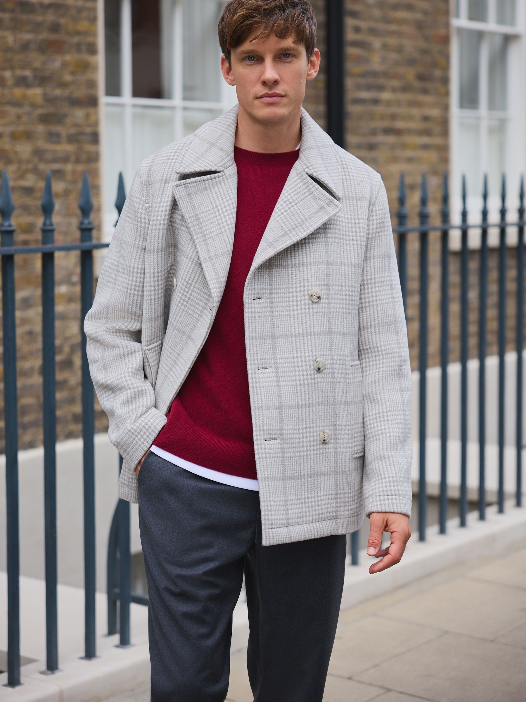 Buy Grey Wool Blend Soft Touch Check Pea Coat from the Next UK