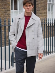 رمادي - Wool Blend Soft Touch Check Pea Coat - صورة 1 من 8