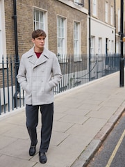 رمادي - Wool Blend Soft Touch Check Pea Coat - صورة 2 من 8