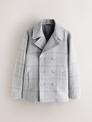 رمادي - Wool Blend Soft Touch Check Pea Coat - صورة 6 من 8