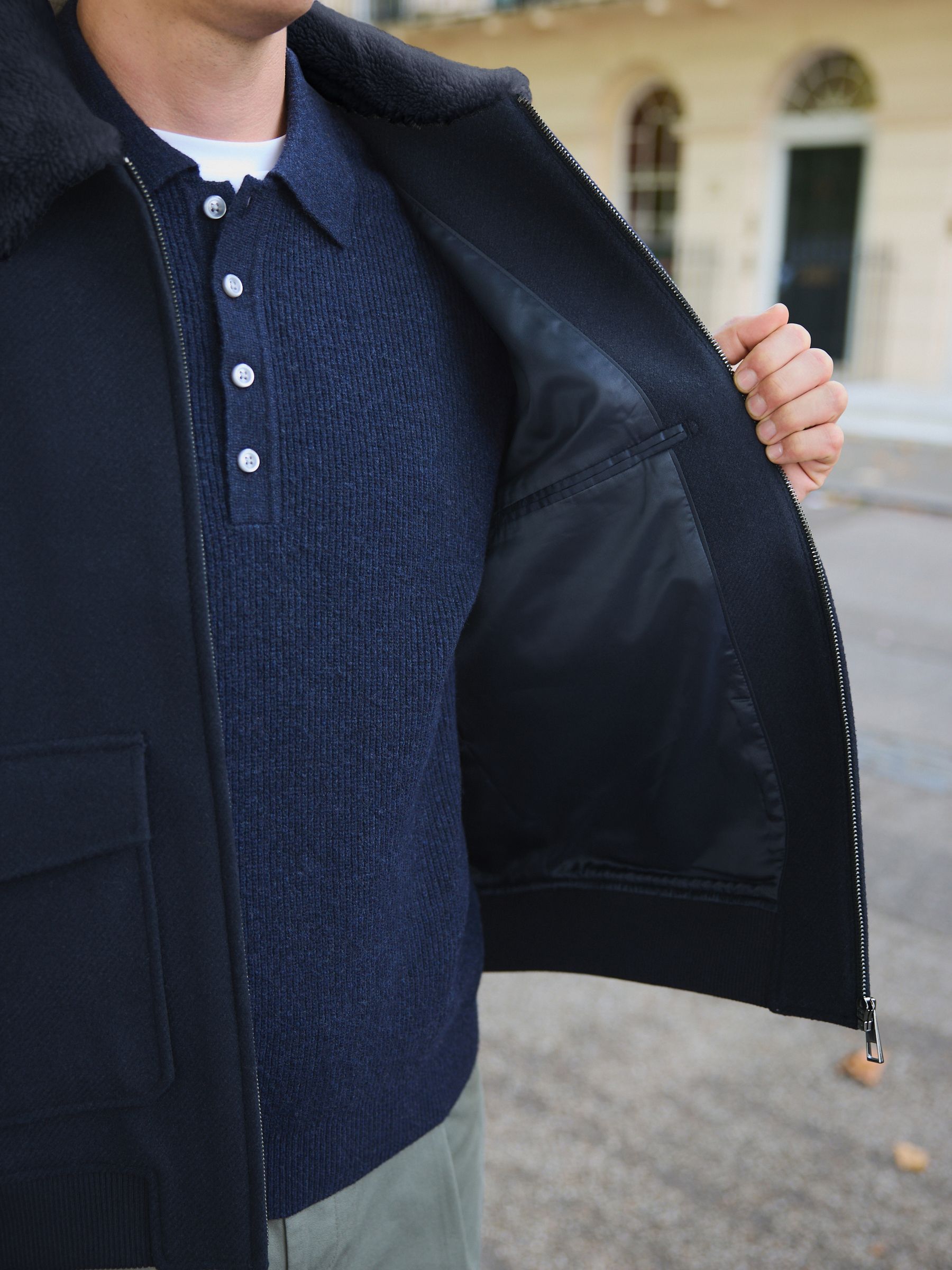 Buy Navy Twill Wool Blend Borg Collar Jacket from Next USA