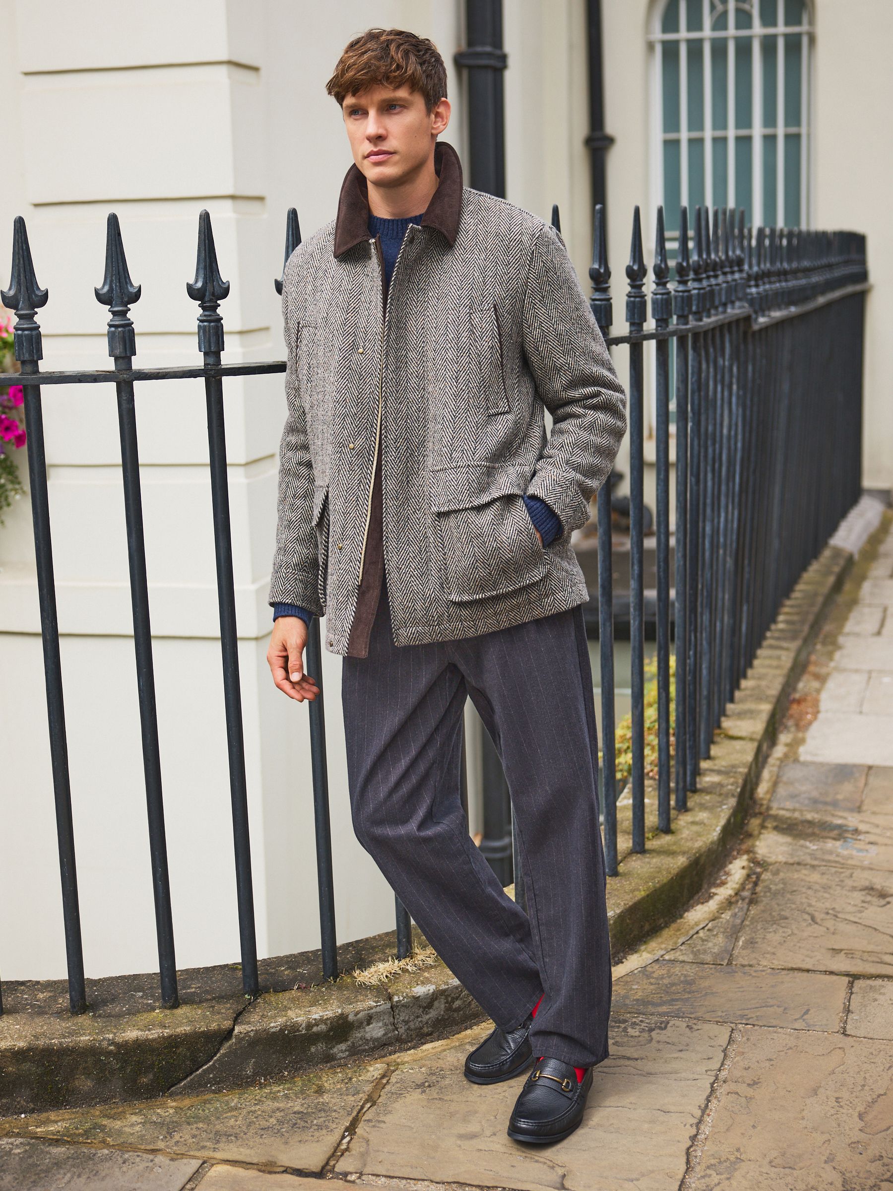 Buy Grey Herringbone Quilted Corduroy Collar Jacket with Wool from