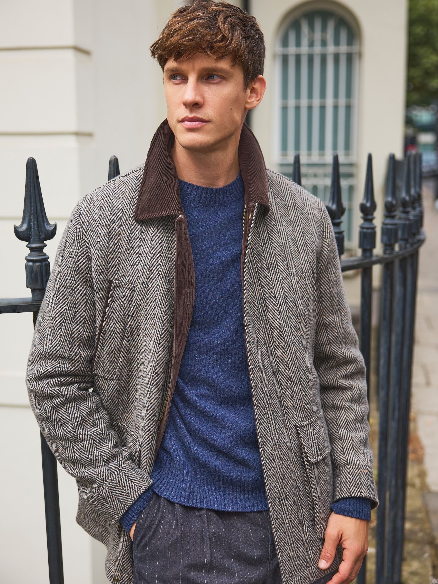 Buy Grey Herringbone Quilted Corduroy Collar Jacket with Wool from