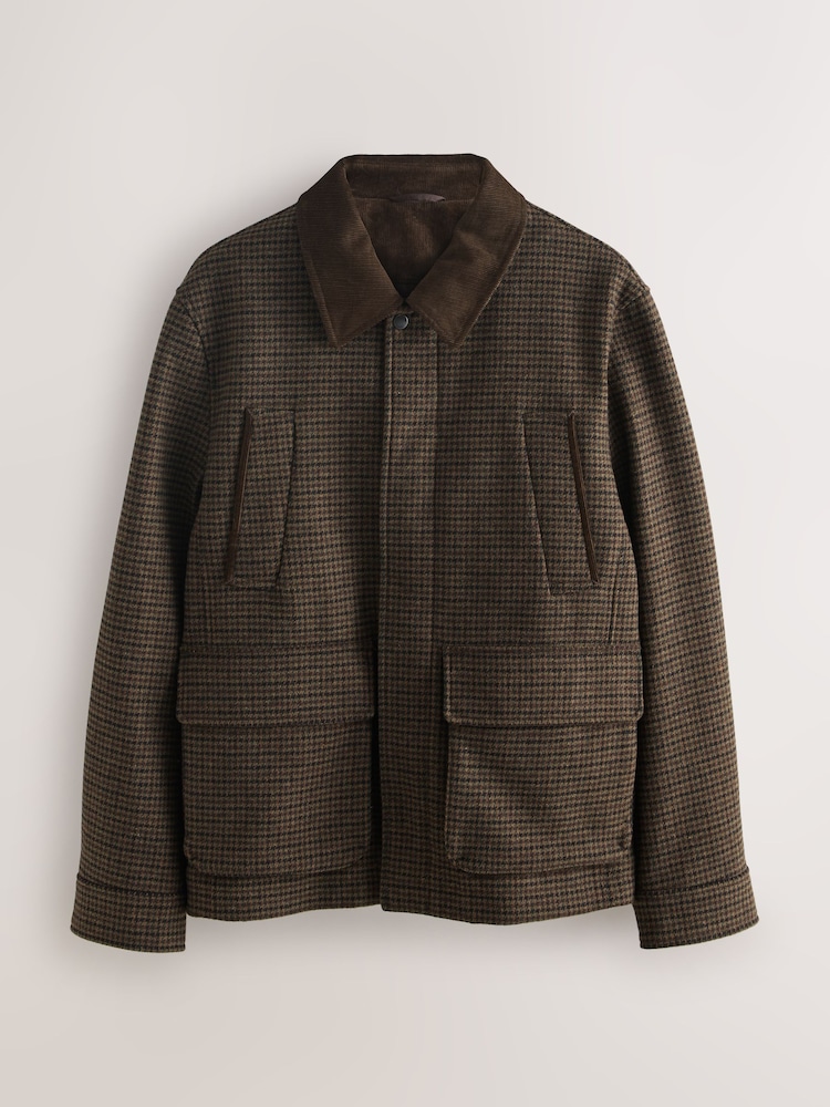 Brown Wool Blend Dogtooth Quilted Corduroy Collar Jacket - Image 1 of 4 Brown Wool Blend Dogtooth Quilted Corduroy Collar Jacket - Image 1 of 4
