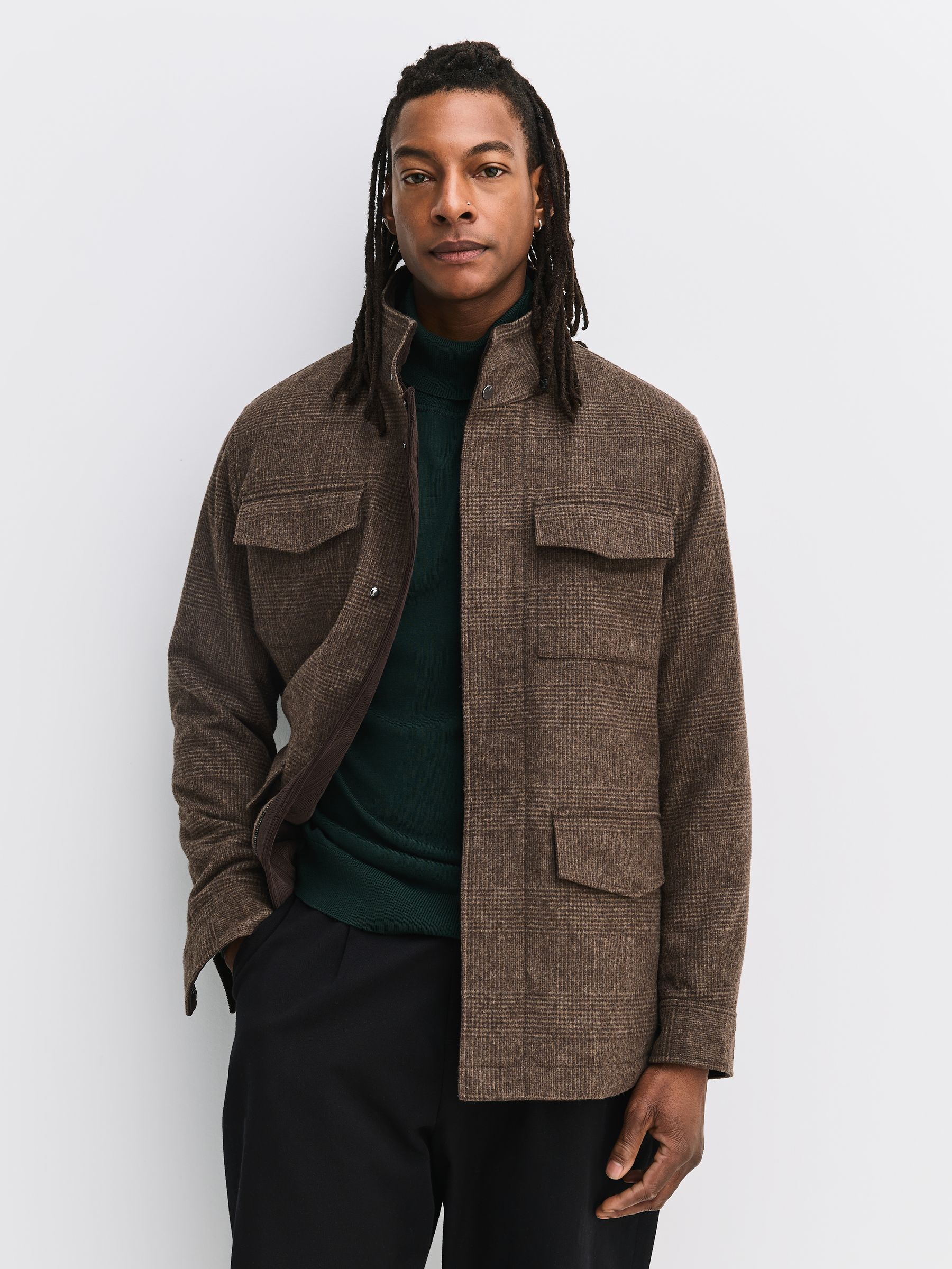 Buy Brown Check Wool Blend Four Pocket Funnel Neck Coat from Next USA