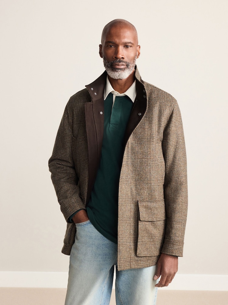 Brown Check Wool Rich Four Pocket Funnel Neck Coat - Image 1 of 6 Brown Check Wool Rich Four Pocket Funnel Neck Coat - Image 1 of 6