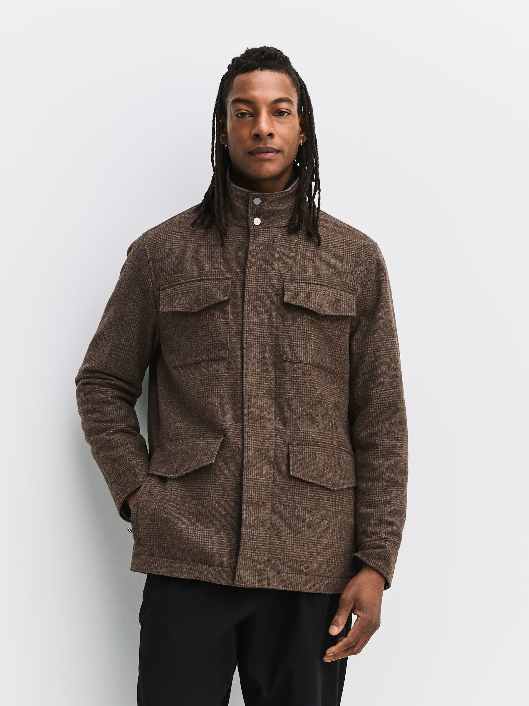 Buy Brown Check Wool Blend Four Pocket Funnel Neck Coat from Next USA