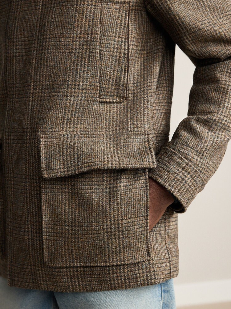 Brown Check Wool Rich Four Pocket Funnel Neck Coat - Image 6 of 6 Brown Check Wool Rich Four Pocket Funnel Neck Coat - Image 6 of 6