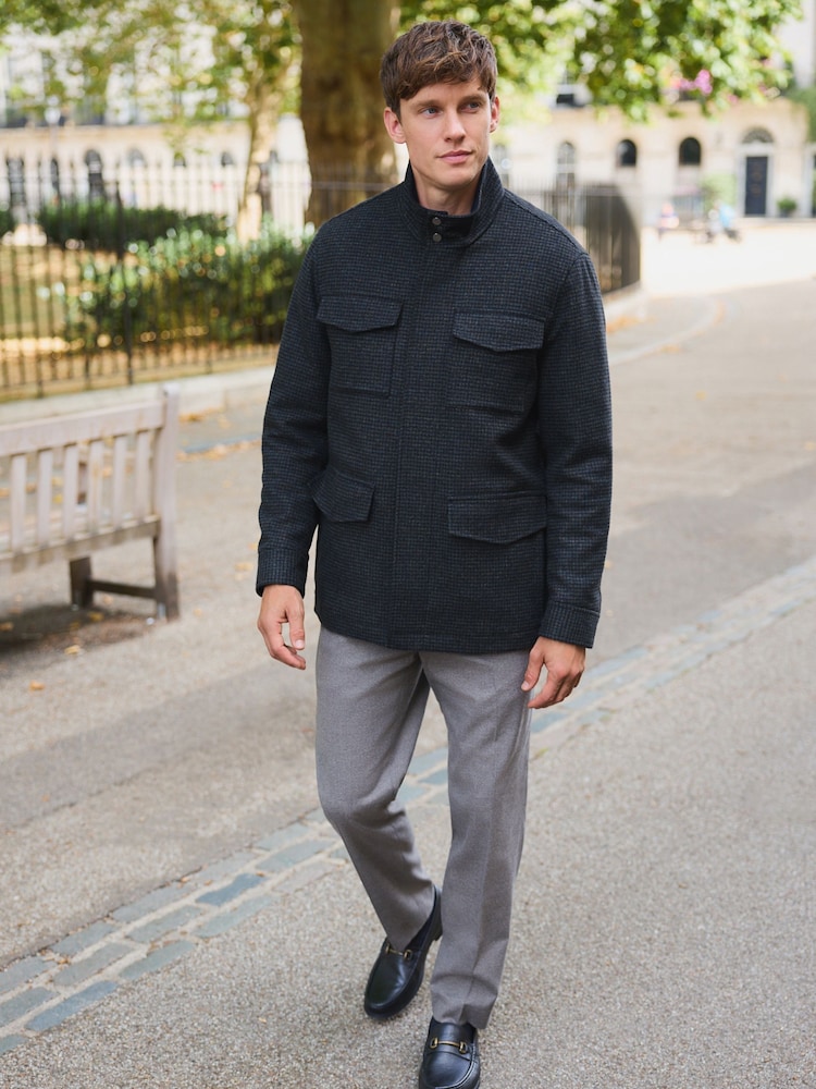 Navy Dogtooth Wool Rich Four Pocket Funnel Neck Coat - Image 2 of 7 Navy Dogtooth Wool Rich Four Pocket Funnel Neck Coat - Image 2 of 7