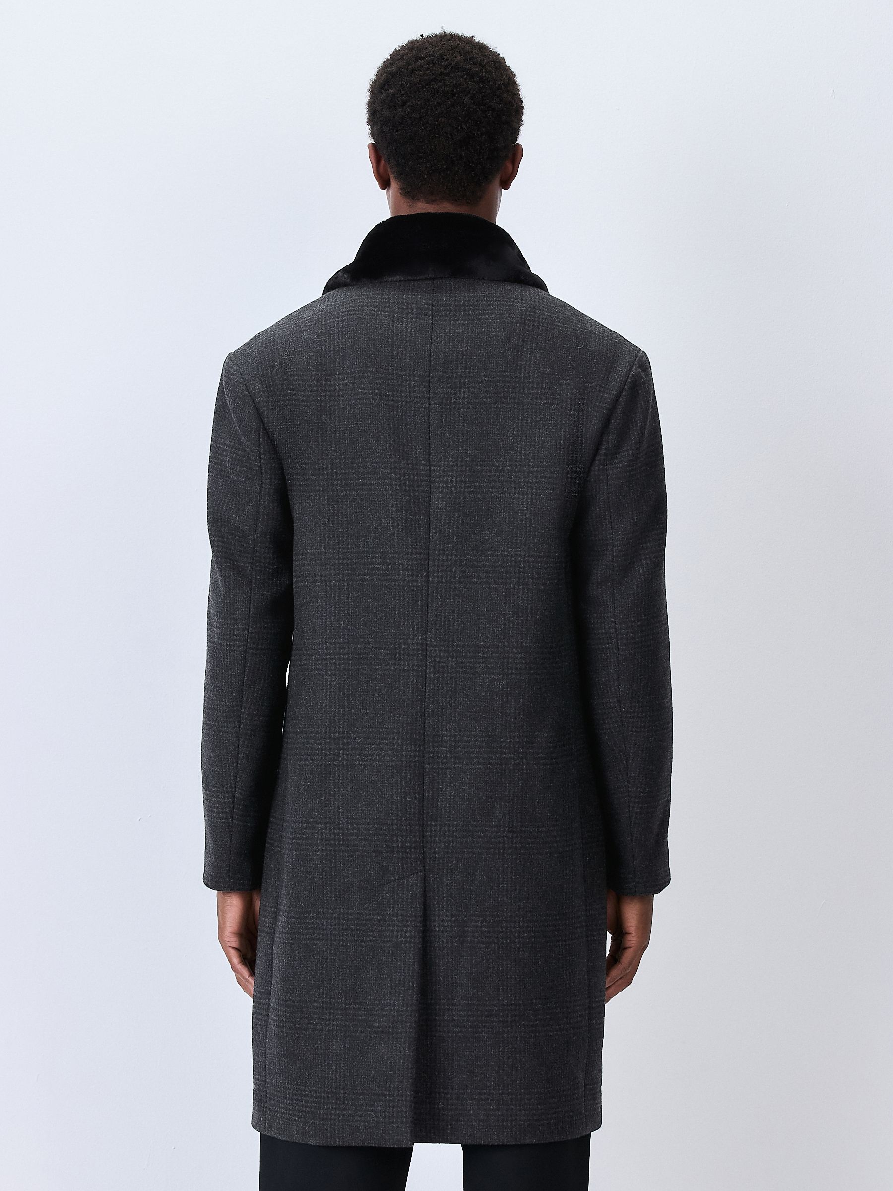 Buy Charcoal Grey Wool Rich Check Epsom Coat With Fur Trim Lapel