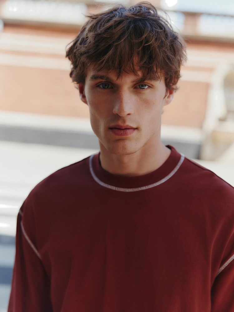 Rust Orange Contrast Stitch Long Sleeve Relaxed Fit Heavyweight T-Shirt - Image 1 of 5