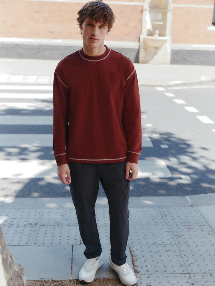 Rust Orange Contrast Stitch Long Sleeve Relaxed Fit Heavyweight T-Shirt - Image 2 of 5 Rust Orange Contrast Stitch Long Sleeve Relaxed Fit Heavyweight T-Shirt - Image 2 of 5