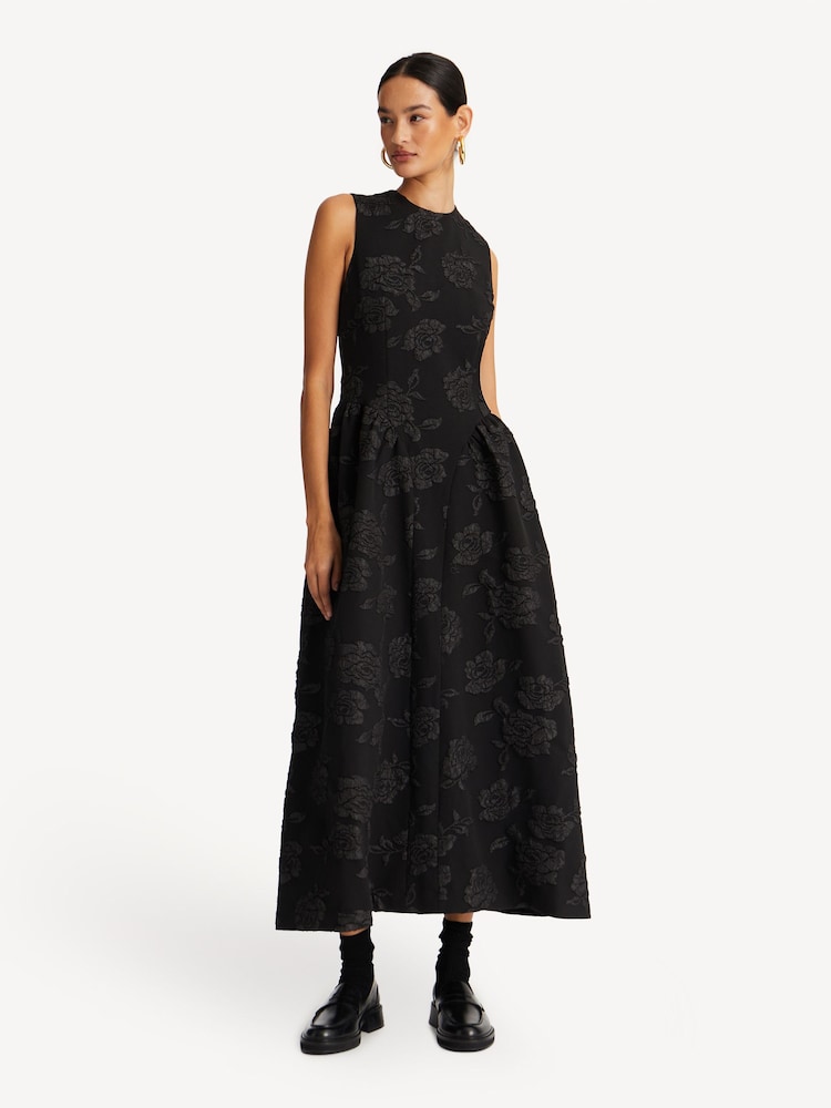Rotate Black Jacquard Midi Dress - Image 1 of 5 Rotate Black Jacquard Midi Dress - Image 1 of 5
