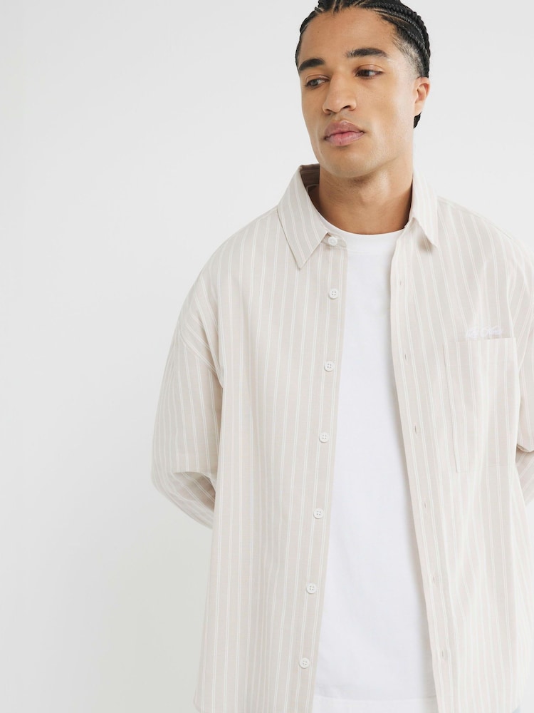 River Island Natural Long Sleeve Striped Oxford 100% Cotton Shirt - Image 1 of 6