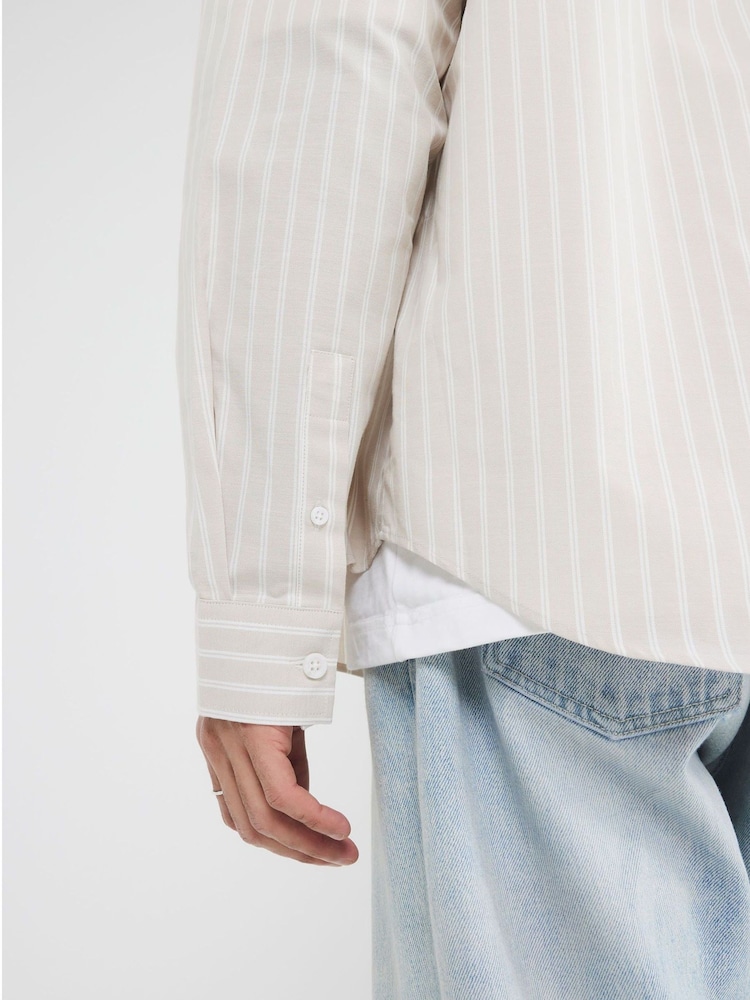 River Island Natural Long Sleeve Striped Oxford 100% Cotton Shirt - Image 3 of 6
