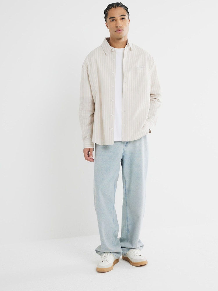 River Island Natural Long Sleeve Striped Oxford 100% Cotton Shirt - Image 4 of 6
