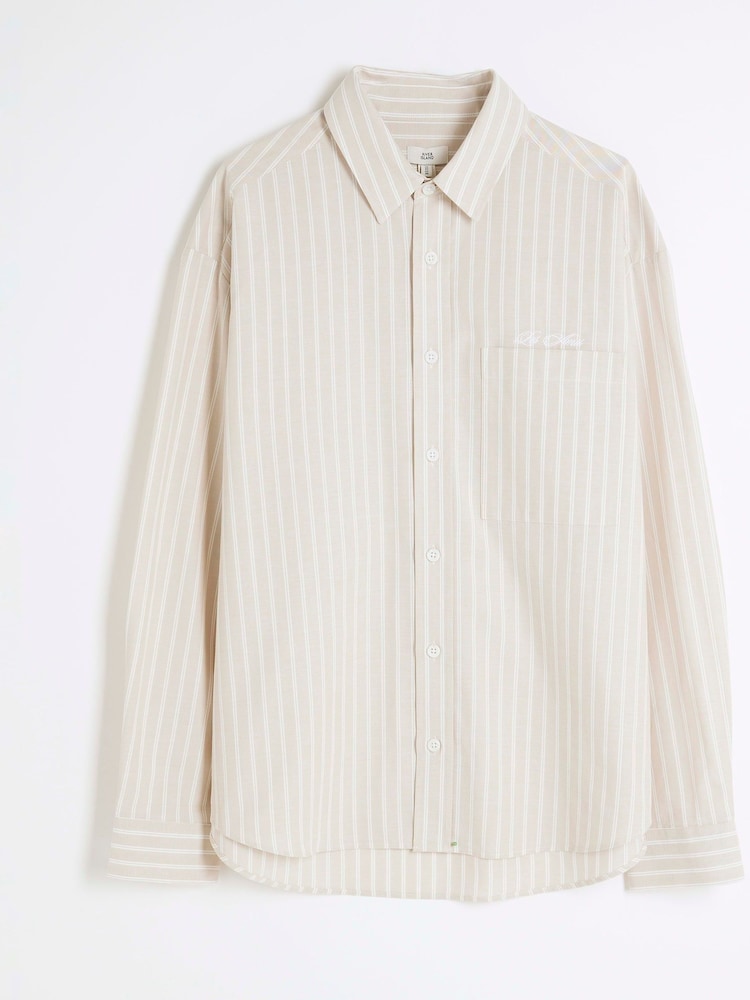 River Island Natural Long Sleeve Striped Oxford 100% Cotton Shirt - Image 5 of 6