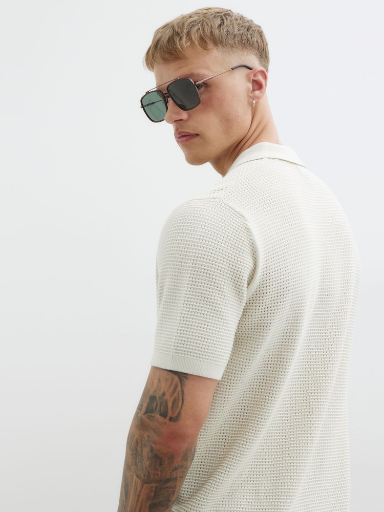 River Island Cream Regular Fit Short Sleeve Crochet 100% Cotton Shirt - Image 3 of 4