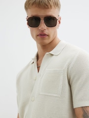 River Island Cream Regular Fit Short Sleeve Crochet 100% Cotton Shirt - Image 4 of 4