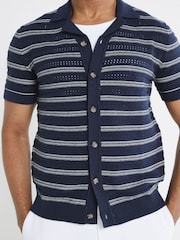 River Island Blue 100% Cotton Short Sleeve Marine Textured Shirt - Image 3 of 4