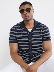 River Island Blue 100% Cotton Short Sleeve Marine Textured Shirt - Image 4 of 4
