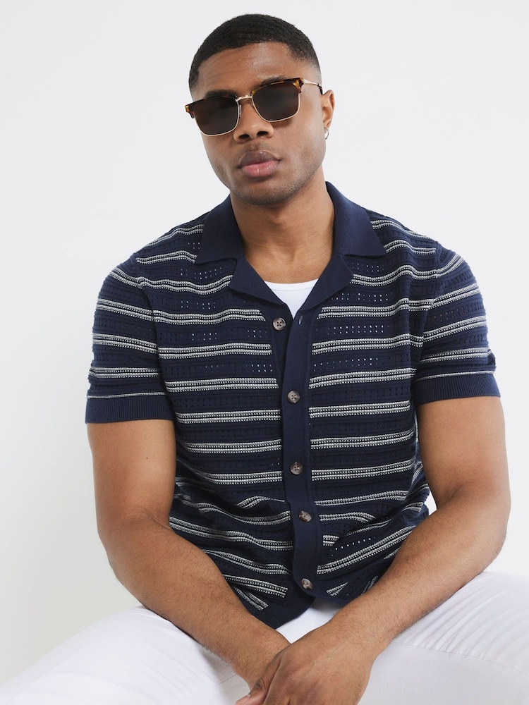 River Island Blue 100% Cotton Short Sleeve Marine Textured Shirt - Image 4 of 4