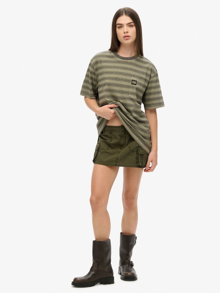 Superdry Black Oversized 100% Cotton Textured Stripe Pocket T-Shirt - Image 2 of 6