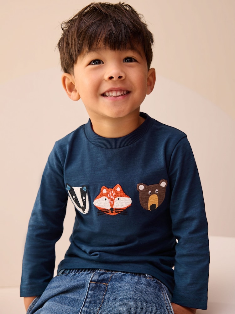 Blue Woodland Animal Long Sleeve Appliqué T-Shirt (3mths-7yrs) - Image 1 of 7
