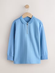 Light Blue Zip Neck Textured Long Sleeve Polo Shirt (3-16yrs) - Image 1 of 3