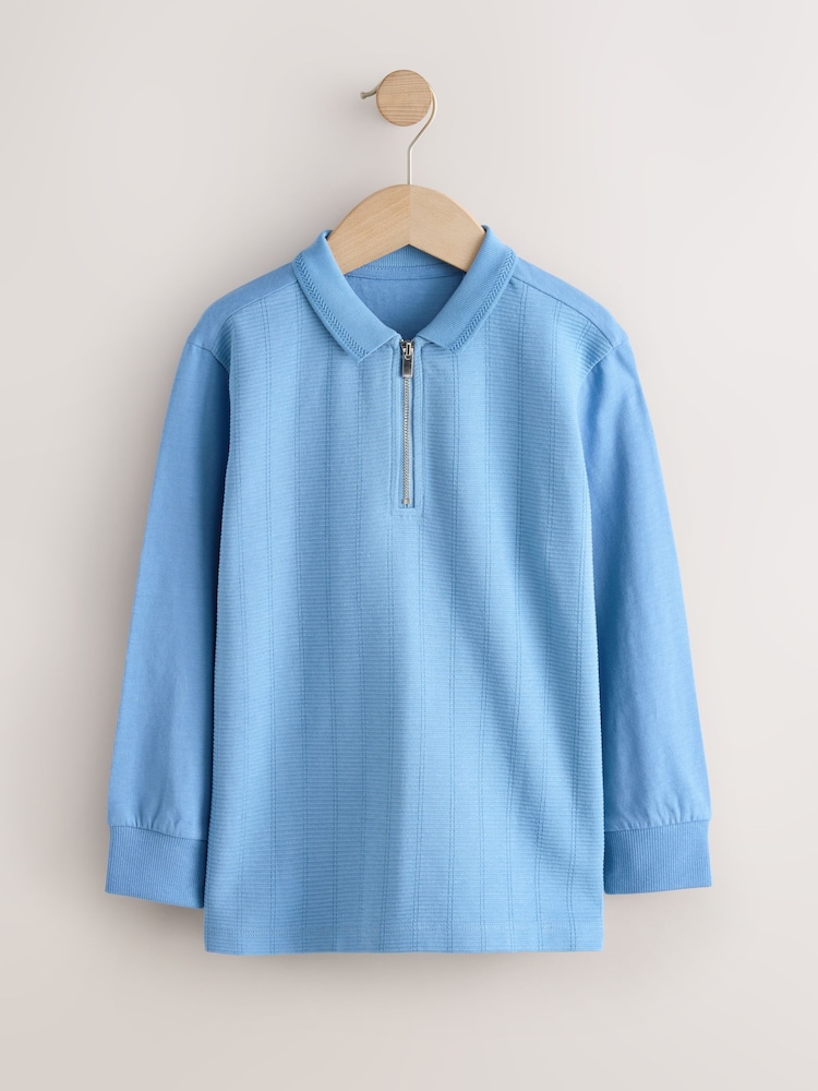 Light Blue Zip Neck Textured Long Sleeve Polo Shirt (3-16yrs) - Image 1 of 3