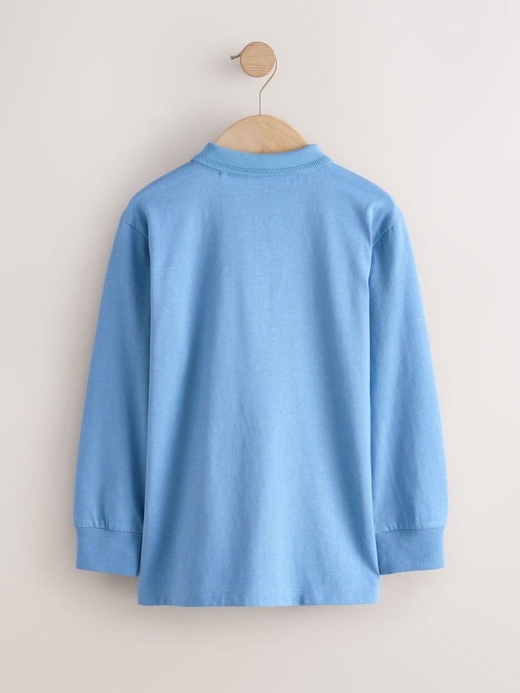 Light Blue Zip Neck Textured Long Sleeve Polo Shirt (3-16yrs) - Image 2 of 3