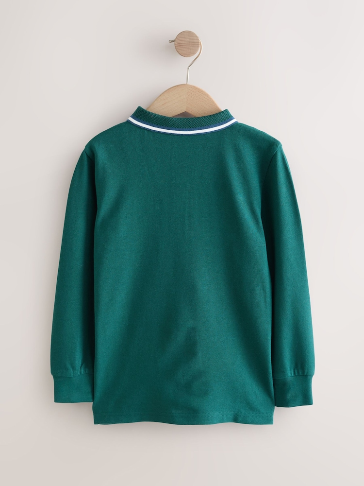 Green Long Sleeve Colourblock Polo Shirt (3-16yrs) - Image 2 of 4