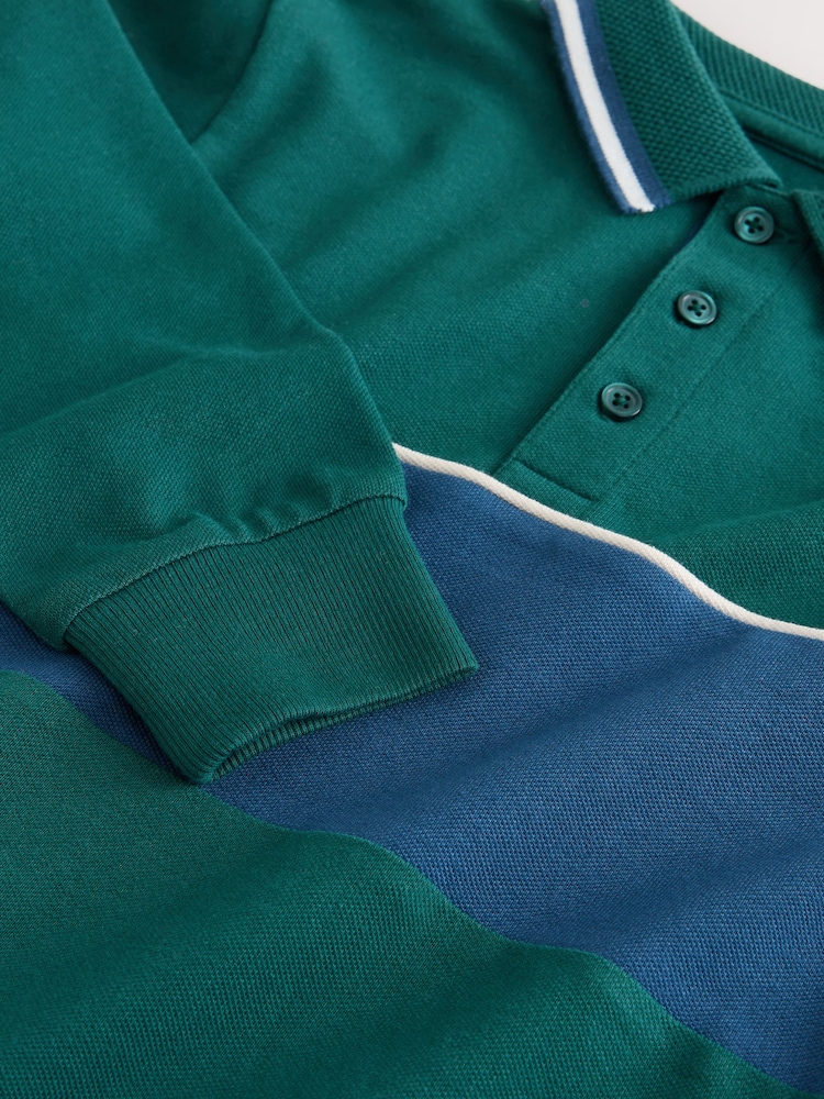 Green Long Sleeve Colourblock Polo Shirt (3-16yrs) - Image 4 of 4