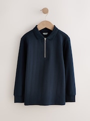 Navy Blue Zip Neck Textured Long Sleeve Polo Shirt (3-16yrs) - Image 1 of 4