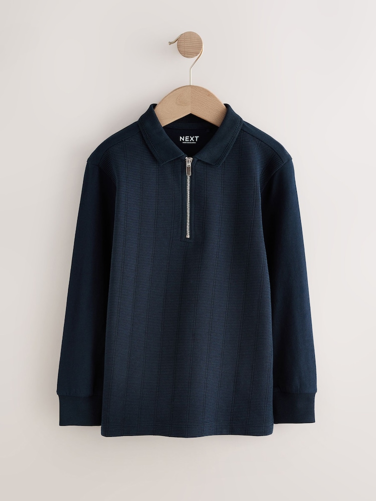 Navy Blue Zip Neck Textured Long Sleeve Polo Shirt (3-16yrs) - Image 1 of 4 Navy Blue Zip Neck Textured Long Sleeve Polo Shirt (3-16yrs) - Image 1 of 4