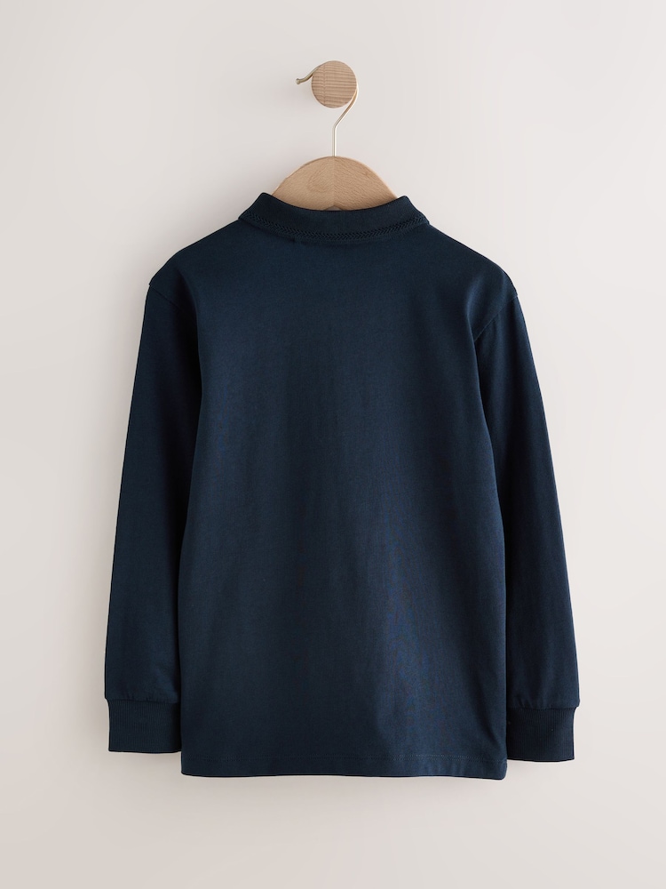 Navy Blue Zip Neck Textured Long Sleeve Polo Shirt (3-16yrs) - Image 2 of 4 Navy Blue Zip Neck Textured Long Sleeve Polo Shirt (3-16yrs) - Image 2 of 4