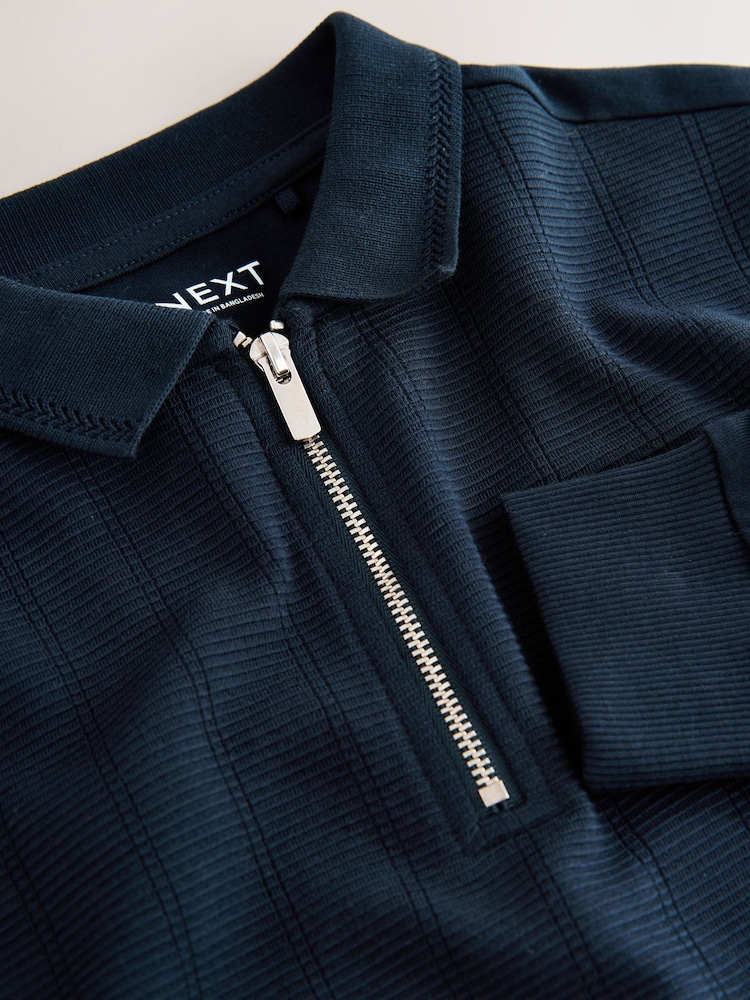 Navy Blue Zip Neck Textured Long Sleeve Polo Shirt (3-16yrs) - Image 4 of 4