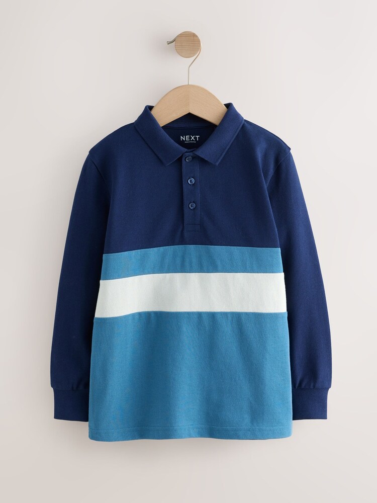 Blue Long Sleeve Colourblock Polo Shirt (3-16yrs) - Image 1 of 4