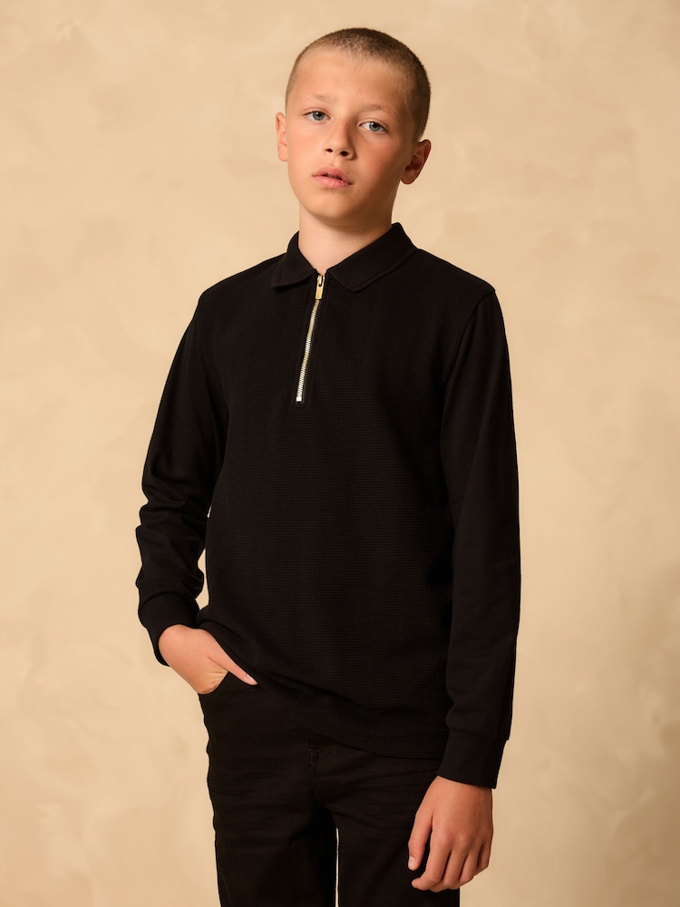 Black Zip Neck Textured Long Sleeve Polo Shirt (3-16yrs) - Image 1 of 4