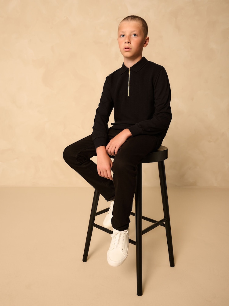 Black Zip Neck Textured Long Sleeve Polo Shirt (3-16yrs) - Image 2 of 4