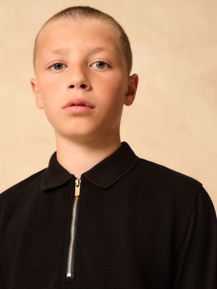 Black Zip Neck Textured Long Sleeve Polo Shirt (3-16yrs) - Image 4 of 4 Black Zip Neck Textured Long Sleeve Polo Shirt (3-16yrs) - Image 4 of 4