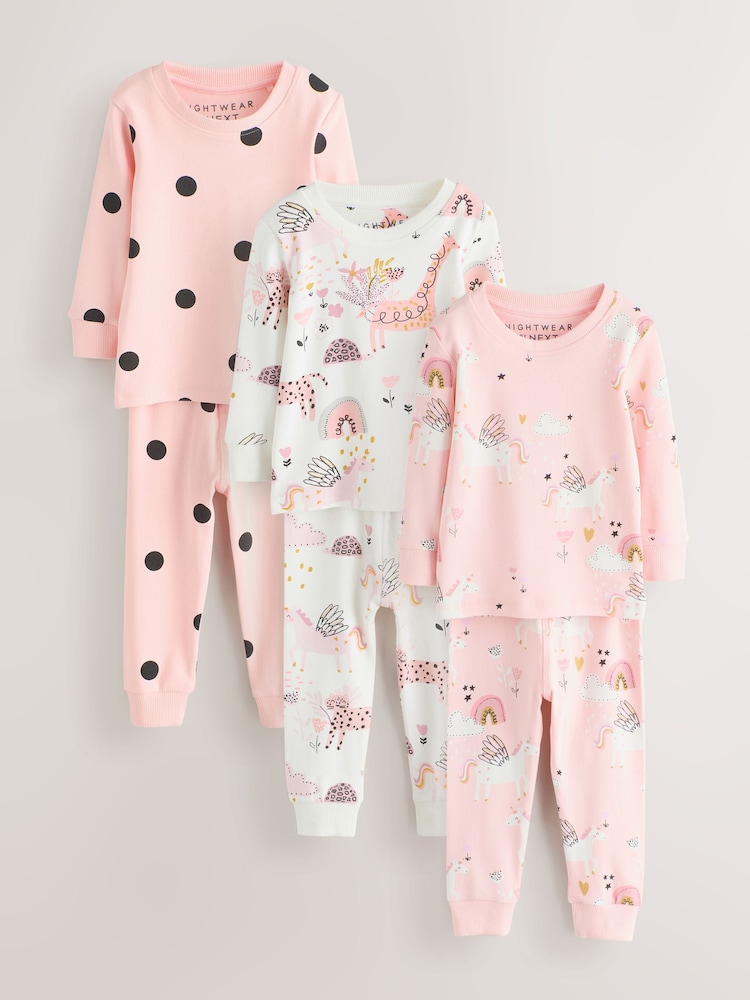 Ecru/Pink Unicorn Snuggle Pyjamas 3 Pack (9mths-10yrs) - Image 1 of 7 Ecru/Pink Unicorn Snuggle Pyjamas 3 Pack (9mths-10yrs) - Image 1 of 7