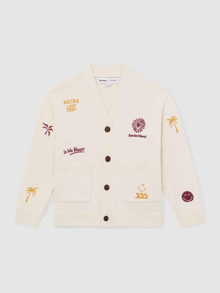 Reiss Off White Vedra 9-13 yrs SmileyWorld | Reiss Embroidery Cardigan Unisex Fit - Image 2 of 8