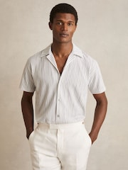 Reiss White/Soft Blue Max Textured Stripe Cuban Collar Shirt - Image 1 of 6