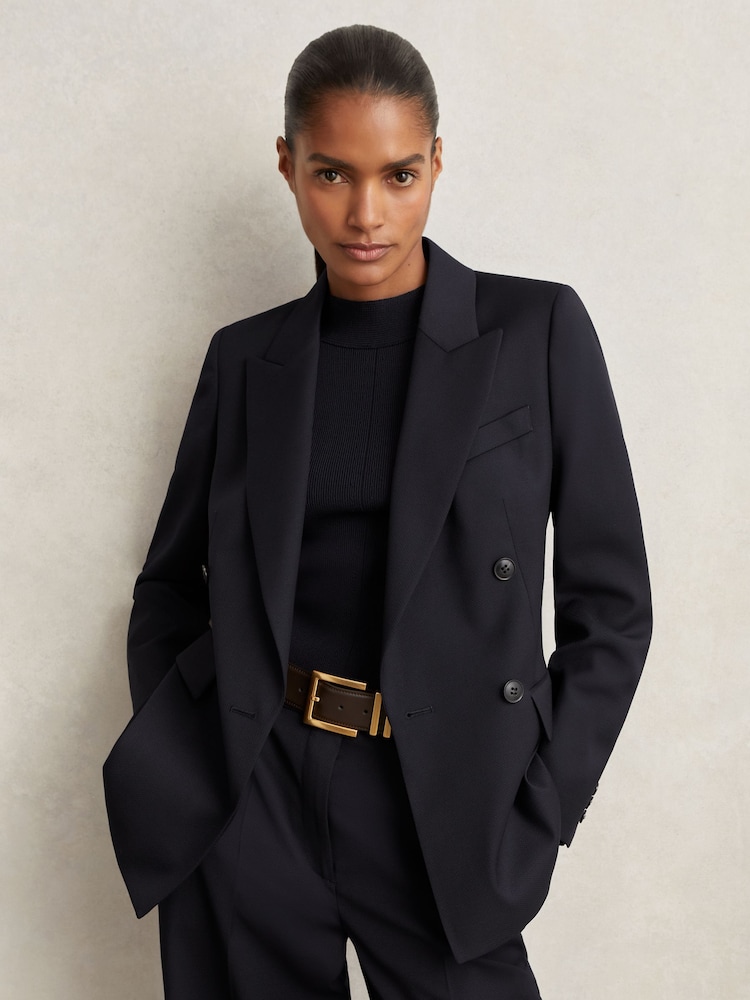 Reiss Navy Haisley Wool Blend Double Breasted Suit Blazer - Image 1 of 7