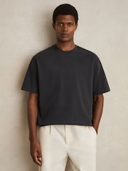 Reiss Washed Black Nomo Cotton Garment-Dyed Oversize T-Shirt - Image 1 of 6